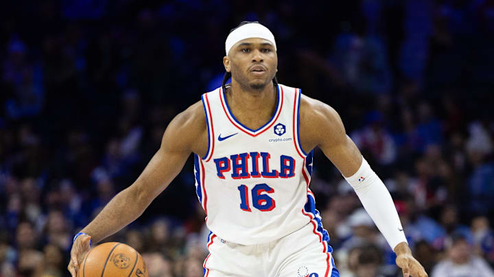 Feb 25, 2024; Philadelphia, Pennsylvania, USA; Philadelphia 76ers guard Ricky Council IV (16)
