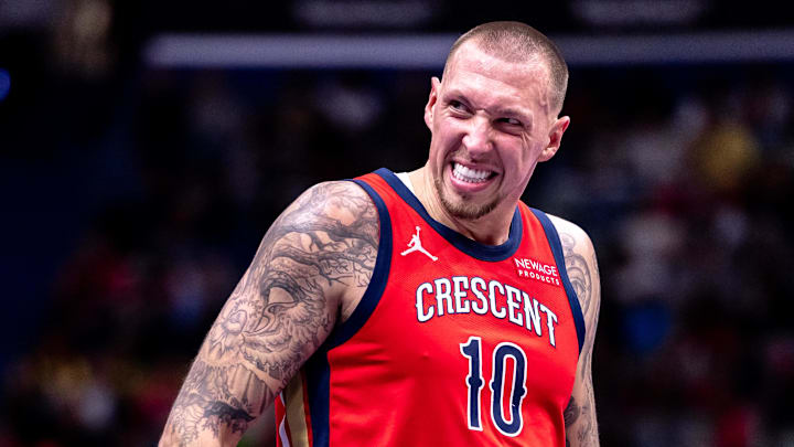Nov 22, 2024; New Orleans, Louisiana, USA;  New Orleans Pelicans center Daniel Theis (10) reacts to a play against the Golden State Warriors during second half at Smoothie King Center. Mandatory Credit: Stephen Lew-Imagn Images