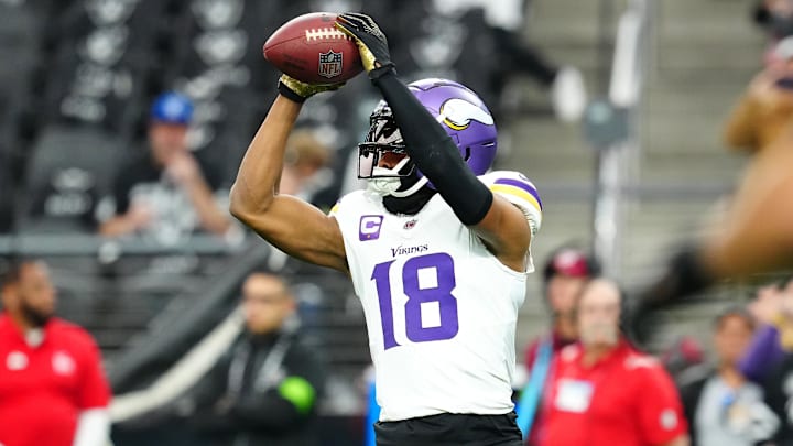 Dec 10, 2023; Paradise, Nevada, USA; Minnesota Vikings wide receiver Justin Jefferson (18) warms up