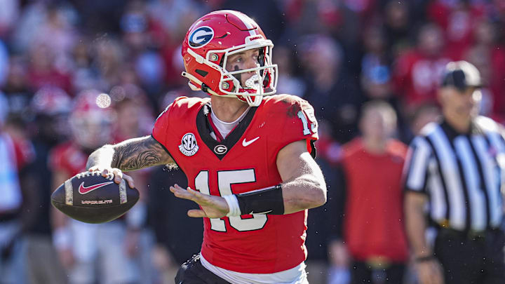 Nov 23, 2024; Athens, Georgia, USA; Georgia Bulldogs quarterback Carson Beck (15) in action against the Massachusetts Minutemen at Sanford Stadium. Mandatory Credit: Dale Zanine-Imagn Images Nov 23, 2024; Athens, Georgia, USA; Georgia Bulldogs quarterback Carson Beck (15) in action against the Massachusetts Minutemen at Sanford Stadium. Mandatory Credit: Dale Zanine-Imagn Images