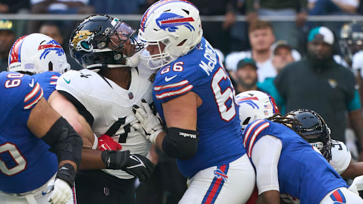 Oct 8, 2023; London, United Kingdom;  Jacksonville Jaguars linebacker Travon Walker (44) competes with Buffalo Bills guard Connor McGovern (66) during the first half of an NFL International Series game at Tottenham Hotspur Stadium. Mandatory Credit: Peter van den Berg-Imagn Images
