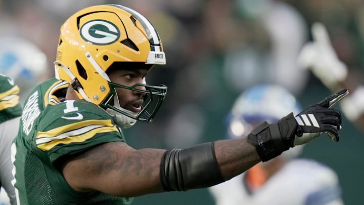 Green Bay Packers defensive end Micah Parsons (1) is shown after sacking Jared Goff at Lambeau Field. Green Bay Packers defensive end Micah Parsons (1) is shown after sacking Jared Goff at Lambeau Field.