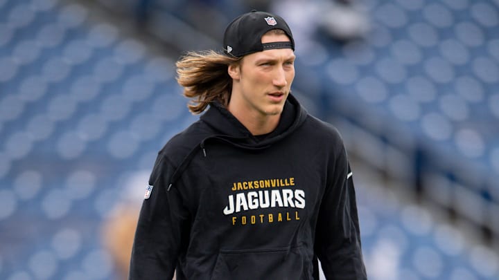 Jan 7, 2024; Nashville, Tennessee, USA;  Jacksonville Jaguars quarterback Trevor Lawrence (16) during pre-game warmups against the Tennessee Titans at Nissan Stadium.