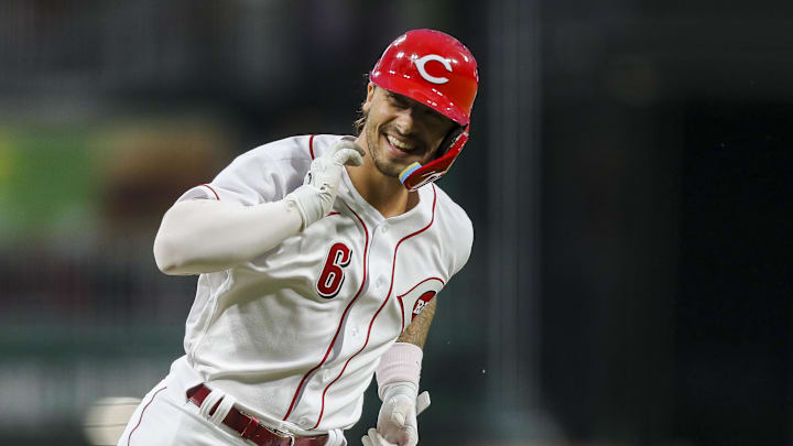 Cincinnati Reds designated hitter Jonathan India (6) reacts to a grand slam.