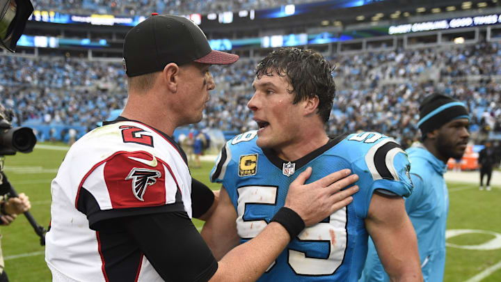 Nov 5, 2017; Charlotte, NC, USA; Atlanta Falcons quarterback Matt Ryan (2) with Carolina Panthers middle linebacker Luke Kuechly (59) after the game. The Panthers defeated the Falcons 20-17 at Bank of America Stadium. Mandatory Credit: Bob Donnan-Imagn Images
