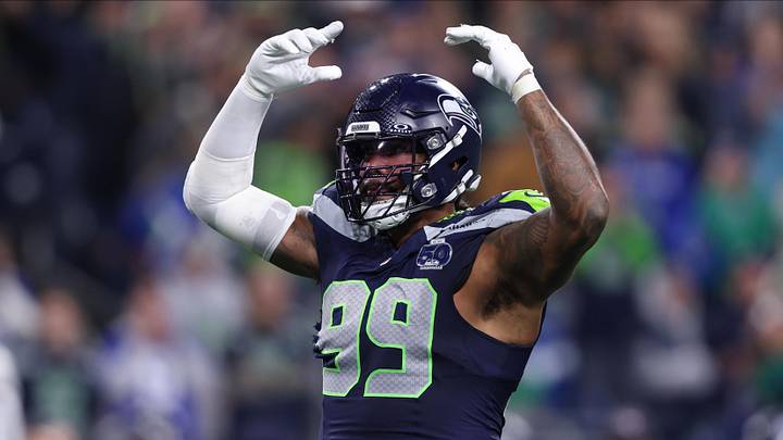Seattle Seahawks defensive end Leonard Williams celebrates after a play during the fourth quarter.
