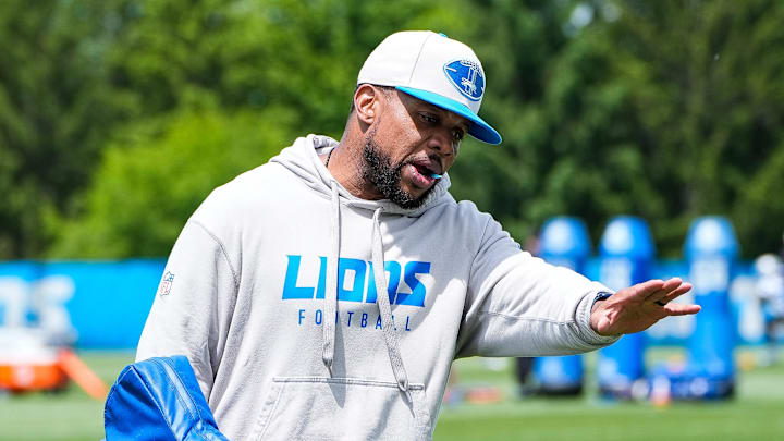 Detroit Lions running backs coach Tashard Choice watches practice during OTA at Meijer Performance Center in Allen Park on Friday, May 30, 2025. Detroit Lions running backs coach Tashard Choice watches practice during OTA at Meijer Performance Center in Allen Park on Friday, May 30, 2025.