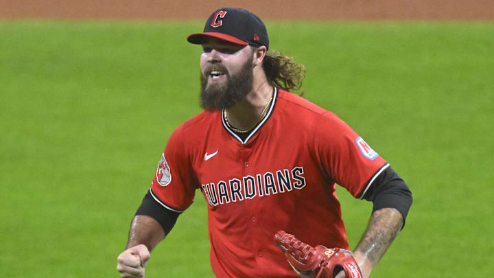 Sep 23, 2025; Cleveland, Ohio, USA; Cleveland Guardians relief pitcher Hunter Gaddis (33) reacts at the end of the eighth inning against the Detroit Tigers at Progressive Field. Mandatory Credit: David Richard-Imagn Images