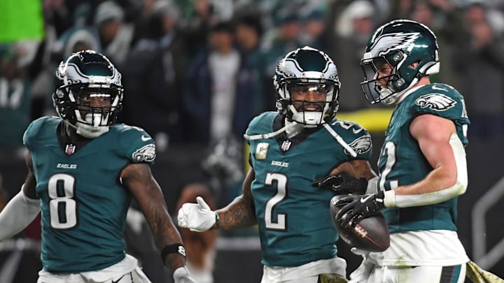 Nov 14, 2024; Philadelphia, Pennsylvania, USA; Philadelphia Eagles safety Reed Blankenship (32) celebrates his interception with safety C.J. Gardner-Johnson (8) and cornerback Darius Slay Jr. (2) against the Washington Commanders at Lincoln Financial Field. Mandatory Credit: Eric Hartline-Imagn Images