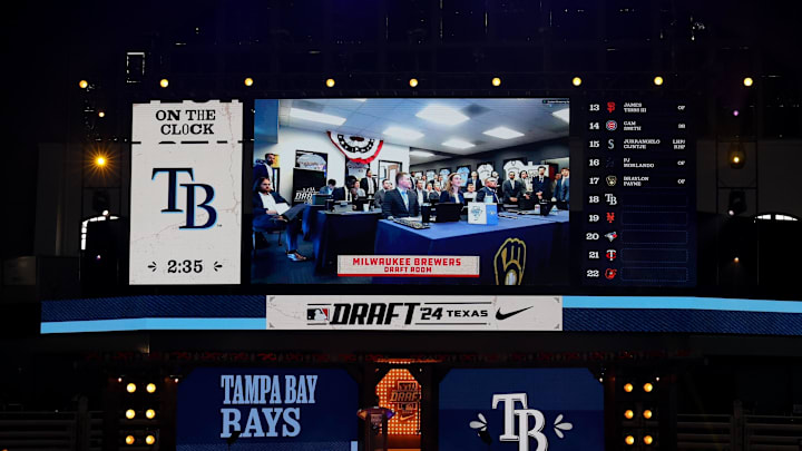 A photo of the Milwaukee Brewers war room as they draft Braylon Payne with the 17th pick during the first round of the MLB Draft at Cowtown Coliseum in 2024.