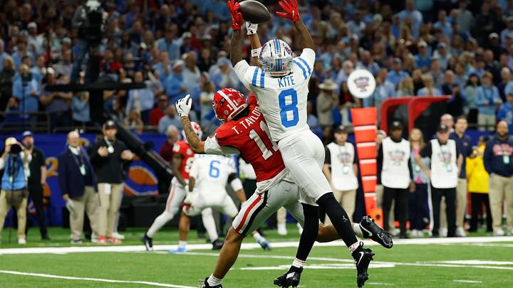 Jan 1, 2026; New Orleans, LA, USA; Mississippi Rebels cornerback Antonio Kite (8) breaks up a pass intended for Georgia Bulldogs wide receiver Talyn Taylor (11) in the second quarter during the 2026 Sugar Bowl and quarterfinal game of the College Football Playoff at Caesars Superdome. Mandatory Credit: Geoff Burke-Imagn Images