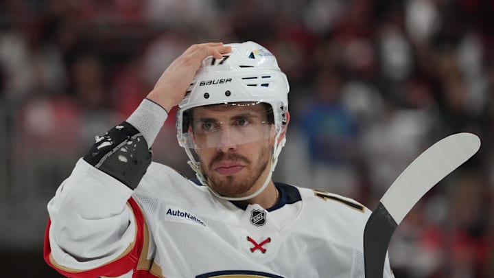 May 20, 2025; Raleigh, North Carolina, USA;  Florida Panthers forward Evan Rodrigues (17) looks on during the third period against the Carolina Hurricanes in game one of the Eastern Conference Final of the 2025 Stanley Cup Playoffs at Lenovo Center. Mandatory Credit: James Guillory-Imagn Images