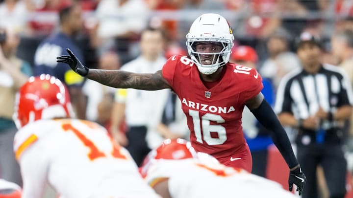 Aug 9, 2025; Glendale, Arizona, USA; Arizona Cardinals cornerback Max Melton (16) against the Kansas City Chiefs during a preseason NFL game at State Farm Stadium. Mandatory Credit: Mark J. Rebilas-Imagn Images Aug 9, 2025; Glendale, Arizona, USA; Arizona Cardinals cornerback Max Melton (16) against the Kansas City Chiefs during a preseason NFL game at State Farm Stadium. Mandatory Credit: Mark J. Rebilas-Imagn Images