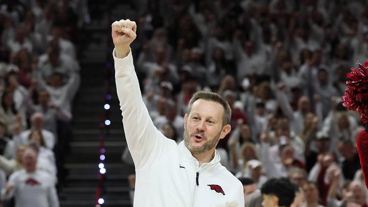 Jan 31, 2026; Fayetteville, Arkansas, USA; Arkansas Razorbacks head coach coach Ryan Silverfield calls the hogs during a timeout in the first half against the Kentucky Wildcats at Bud Walton Arena. Mandatory Credit: Nelson Chenault-Imagn Images