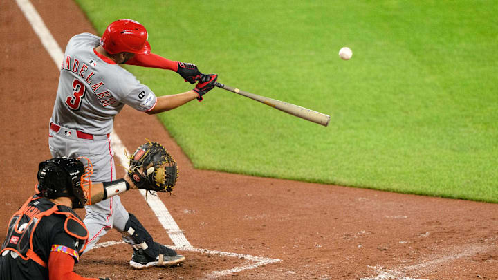 Apr 18, 2025; Baltimore, Maryland, USA; Cincinnati Reds third baseman Jeimer Candelario (3) hits a home run during the fourth inning against the Baltimore Orioles at Oriole Park at Camden Yards. Mandatory Credit: Reggie Hildred-Imagn Images