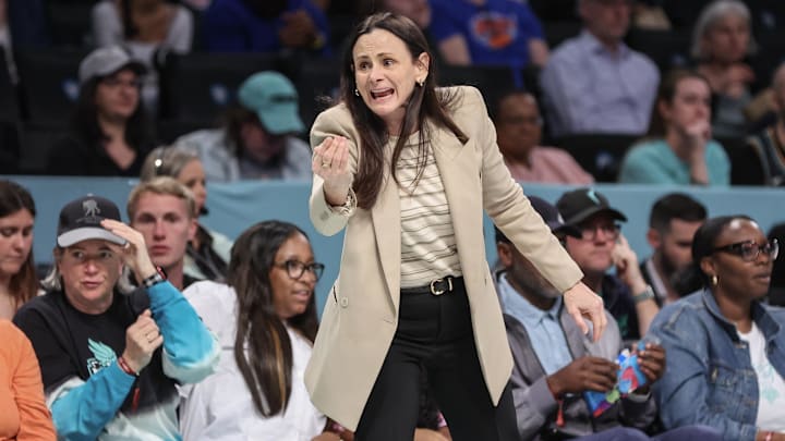 May 27, 2025; Brooklyn, New York, USA;  New York Liberty head coach Sandy Brondello yells instructions in the first quarter against the Golden State Valkyries at Barclays Center. Mandatory Credit: Wendell Cruz-Imagn Images