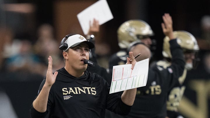 Aug 17, 2025; New Orleans, Louisiana, USA; New Orleans Saints head coach Kellen Moore calls for the field goal unit against the Jacksonville Jaguars during the first half at Caesars Superdome. Mandatory Credit: Matthew Hinton-Imagn Images