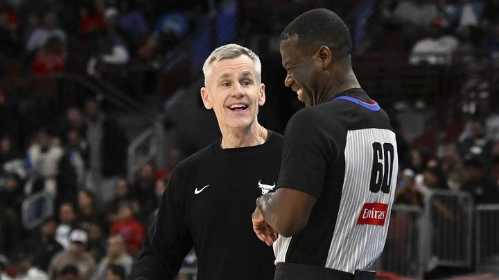 Apr 10, 2026; Chicago, Illinois, USA;  Chicago Bulls Head Coach Billy Donovan laughs with an official during the second half against the Orlando Magic at the United Center. Mandatory Credit: Matt Marton-Imagn Images