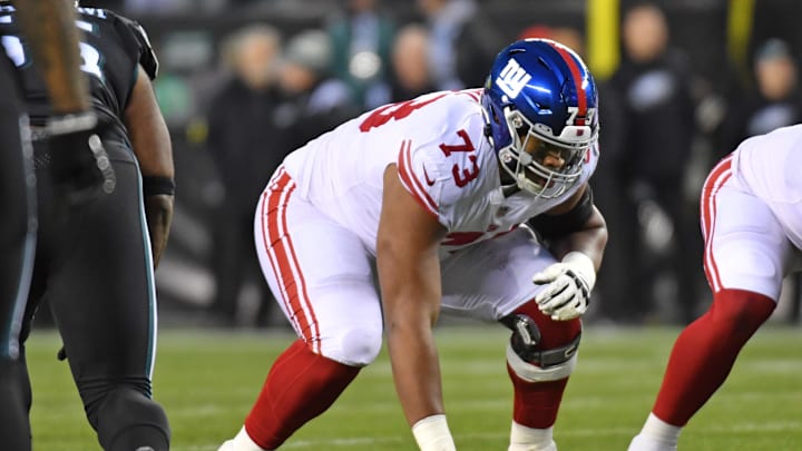 Jan 8, 2023; Philadelphia, Pennsylvania, USA; New York Giants offensive tackle Evan Neal (73)