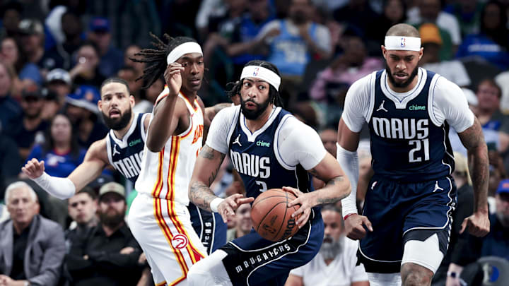 Apr 2, 2025; Dallas, Texas, USA; Dallas Mavericks forward Anthony Davis (3) dribbles during the first half against the Atlanta Hawks at American Airlines Center. Mandatory Credit: Kevin Jairaj-Imagn Images