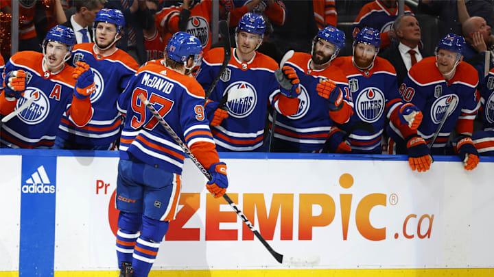 Jun 15, 2024; Edmonton, Alberta, CAN; Edmonton Oilers center Connor McDavid (97) celebrates a goal with teammates in the second period against the Florida Panthers in game four of the 2024 Stanley Cup Final at Rogers Place. Mandatory Credit: Perry Nelson-Imagn Images Jun 15, 2024; Edmonton, Alberta, CAN; Edmonton Oilers center Connor McDavid (97) celebrates a goal with teammates in the second period against the Florida Panthers in game four of the 2024 Stanley Cup Final at Rogers Place. Mandatory Credit: Perry Nelson-Imagn Images