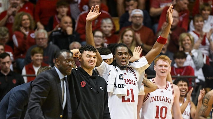 Indiana Hoosiers forward Mackenzie Mgbako (21) celebrates after a dunk by Indiana Hoosiers forward Bryson Tucker (not pictured) during the second half against the Eastern Illinois Panthers at Simon Skjodt Assembly Hall.