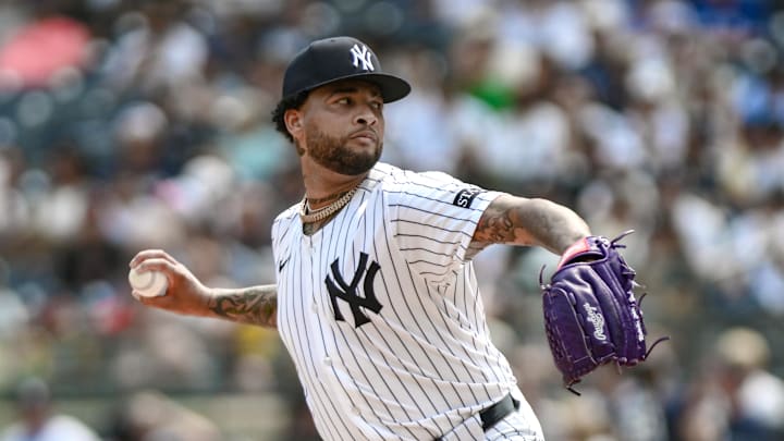 Sep 6, 2025; Bronx, New York, USA; New York Yankees pitcher Luis Gil (81) pitches against the Toronto Blue Jays during the first inning at Yankee Stadium. Mandatory Credit: John Jones-Imagn Images