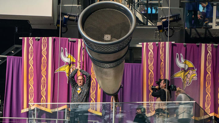 Twin Cities broadcasting legend Mark Rosen leads the Minnesota Vikings fans in the Skol Chant and blows the Gjallarhorn before the game between the Minnesota Vikings and Detroit Lions at U.S. Bank Stadium in Minneapolis on Oct. 10, 2021. Twin Cities broadcasting legend Mark Rosen leads the Minnesota Vikings fans in the Skol Chant and blows the Gjallarhorn before the game between the Minnesota Vikings and Detroit Lions at U.S. Bank Stadium in Minneapolis on Oct. 10, 2021.