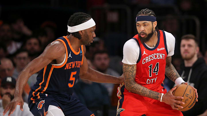 Feb 27, 2024; New York, New York, USA; New Orleans Pelicans forward Brandon Ingram (14) controls the ball against New York Knicks forward Precious Achiuwa (5) during the second quarter at Madison Square Garden. Mandatory Credit: Brad Penner-Imagn Images Feb 27, 2024; New York, New York, USA; New Orleans Pelicans forward Brandon Ingram (14) controls the ball against New York Knicks forward Precious Achiuwa (5) during the second quarter at Madison Square Garden. Mandatory Credit: Brad Penner-Imagn Images