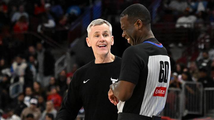 Apr 10, 2026; Chicago, Illinois, USA; Chicago Bulls Head Coach Billy Donovan laughs with an official during the second half against the Orlando Magic at the United Center. Mandatory Credit: Matt Marton-Imagn Images Apr 10, 2026; Chicago, Illinois, USA; Chicago Bulls Head Coach Billy Donovan laughs with an official during the second half against the Orlando Magic at the United Center. Mandatory Credit: Matt Marton-Imagn Images