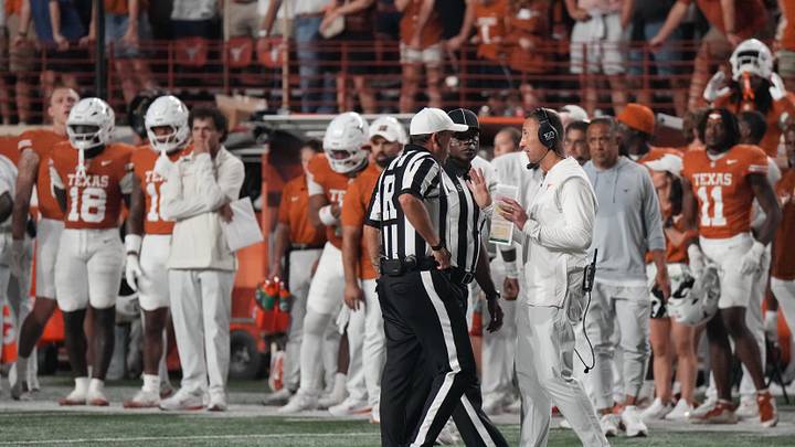 Oct 24, 2026; Austin, Texas, USA; Texas Longhorns head coach Steve Sarkisian talks with officials during the second half against the Mississippi Rebels at Darrell K Royal-Texas Memorial Stadium. Mandatory Credit: Scott Wachter-Imagn Images Oct 24, 2026; Austin, Texas, USA; Texas Longhorns head coach Steve Sarkisian talks with officials during the second half against the Mississippi Rebels at Darrell K Royal-Texas Memorial Stadium. Mandatory Credit: Scott Wachter-Imagn Images