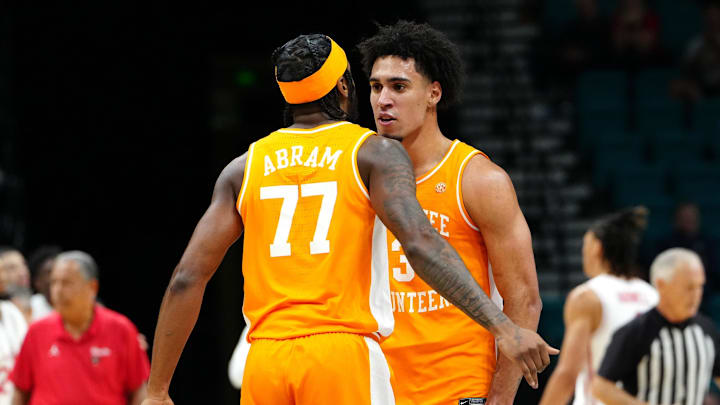 Nov 25, 2025; Las Vegas, NV, USA; Tennessee Volunteers guard Amaree Abram (77) and guard Bishop Boswell (3) react in a 2025 Players Era Festival group play game against the Houston Cougars during the first half at MGM Grand Garden Arena. Mandatory Credit: Stephen R. Sylvanie-Imagn Images