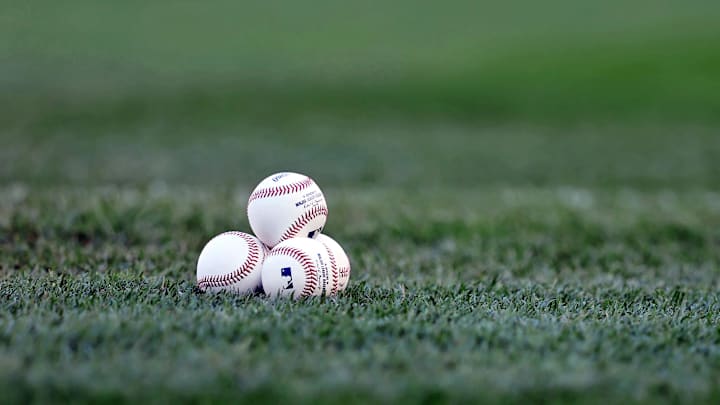 Oct 18, 2022; Bronx, New York, USA; A detail view of baseballs on the ground before game five of the
