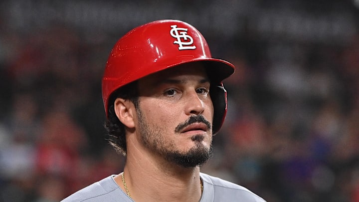 Jul 18, 2025; Phoenix, Arizona, USA; St. Louis Cardinals third base Nolan Arenado (28) looks on in the first inning against the Arizona Diamondbacks at Chase Field. Mandatory Credit: Matt Kartozian-Imagn Images Jul 18, 2025; Phoenix, Arizona, USA; St. Louis Cardinals third base Nolan Arenado (28) looks on in the first inning against the Arizona Diamondbacks at Chase Field. Mandatory Credit: Matt Kartozian-Imagn Images