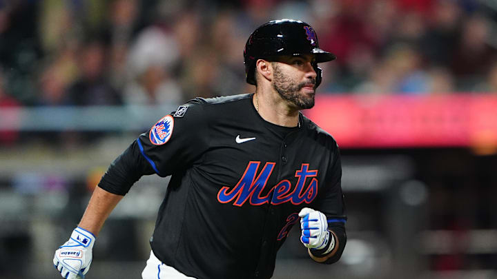 May 13, 2024; New York City, New York, USA; New York Mets designated hitter JD Martinez (28) runs out a double against the Philadelphia Phillies during the fifth inning at Citi Field. Mandatory Credit: Gregory Fisher-Imagn Images May 13, 2024; New York City, New York, USA; New York Mets designated hitter JD Martinez (28) runs out a double against the Philadelphia Phillies during the fifth inning at Citi Field. Mandatory Credit: Gregory Fisher-Imagn Images