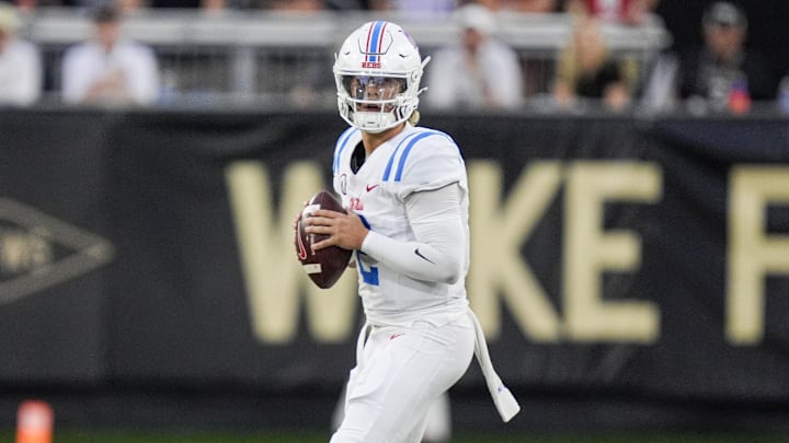 Sep 14, 2024; Winston-Salem, North Carolina, USA;  Mississippi Rebels quarterback Jaxson Dart (2) drops back to pass against the Wake Forest Demon Deacons during the first half at Allegacy Federal Credit Union Stadium. Mandatory Credit: Jim Dedmon-Imagn Images