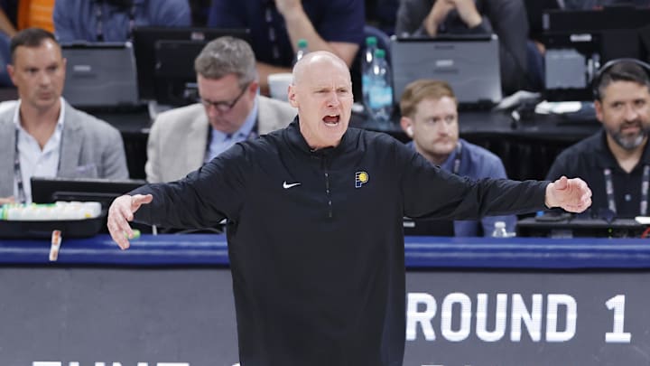 Jun 22, 2025; Oklahoma City, Oklahoma, USA; Indiana Pacers head coach Rick Carlisle reacts after a play against the Oklahoma City Thunder during the second half of game seven of the 2025 NBA Finals at Paycom Center. Mandatory Credit: Alonzo Adams-Imagn Images