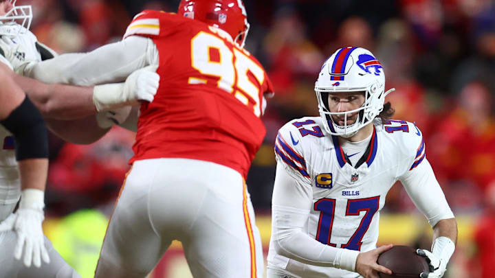 Jan 26, 2025; Kansas City, MO, USA; Buffalo Bills quarterback Josh Allen (17) rushes the ball against the Kansas City Chiefs during the second half in the AFC Championship game