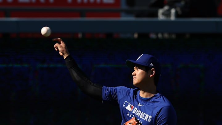 Dodgers designated hitter Shohei Ohtani (17) warms up before a game against the New York Mets at Dodger Stadium on June 2.