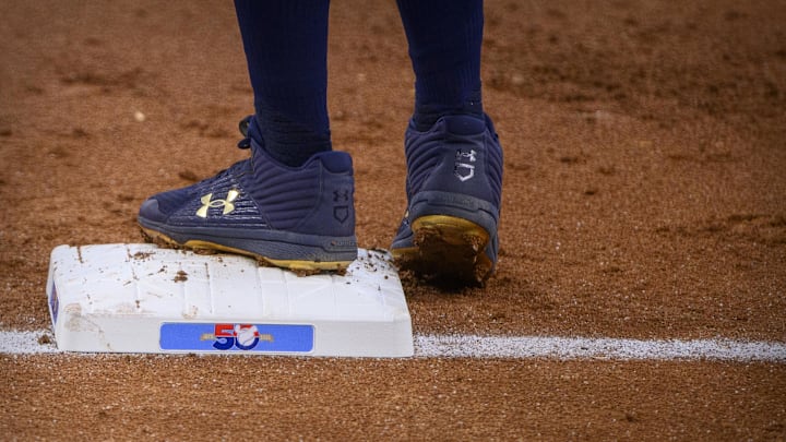 Jun 5, 2022; Arlington, Texas, USA; A view of the first base and the Rangers 50 year logo during the game between the Texas Rangers and the Seattle Mariners at Globe Life Field. Mandatory Credit: Jerome Miron-Imagn Images