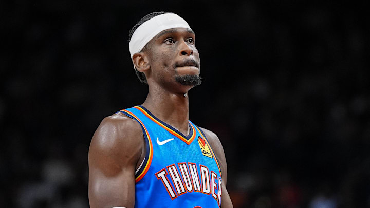 Oct 25, 2025; Atlanta, Georgia, USA; Oklahoma City Thunder guard Shai Gilgeous-Alexander (2) shown on the court against the Atlanta Hawks during the second half at State Farm Arena. Mandatory Credit: Dale Zanine-Imagn Images