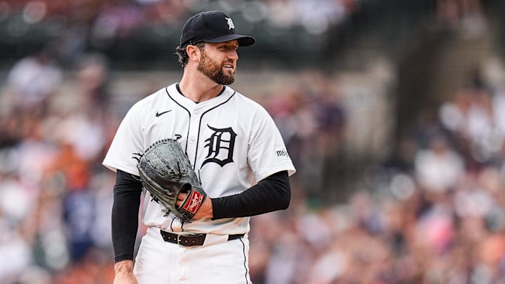 Detroit Tigers pitcher Casey Mize (12) looks on before pitching against Atlanta Braves during the fourth inning at Comerica Park in Detroit on Sunday, Sept. 21, 2025.