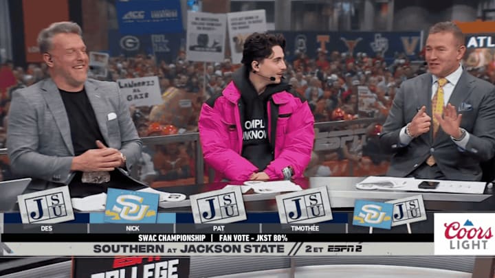 Chalamet making picks with GameDay's Herbstreit and McAfee on Saturday.