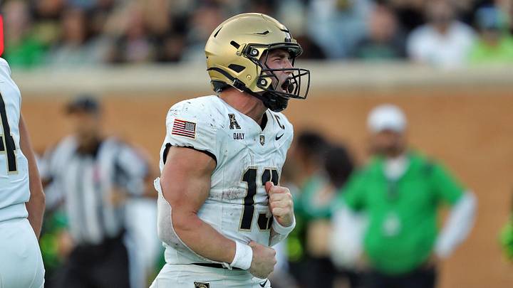 Nov 9, 2024; Denton, Texas, USA; Army Black Knights quarterback Bryson Daily (13) celebrates after scoring his second touchdown against the North Texas Mean Green during the second half at DATCU Stadium. Mandatory Credit: Danny Wild-Imagn Images Nov 9, 2024; Denton, Texas, USA; Army Black Knights quarterback Bryson Daily (13) celebrates after scoring his second touchdown against the North Texas Mean Green during the second half at DATCU Stadium. Mandatory Credit: Danny Wild-Imagn Images