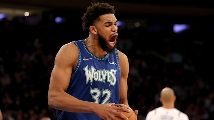 Jan 18, 2022; New York, New York, USA; Minnesota Timberwolves center Karl-Anthony Towns (32) reacts during the fourth quarter against the New York Knicks at Madison Square Garden. Mandatory Credit: Brad Penner-Imagn Images