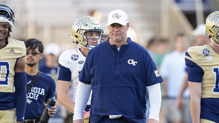 Mar 17, 2022; Atlanta, GA, USA; Georgia Tech Yellow Jacket quarterback coach Chris Weinke on the field during the Georgia Tech Spring Game. Mandatory Credit: Dale Zanine-Imagn Images Mar 17, 2022; Atlanta, GA, USA; Georgia Tech Yellow Jacket quarterback coach Chris Weinke on the field during the Georgia Tech Spring Game. Mandatory Credit: Dale Zanine-Imagn Images