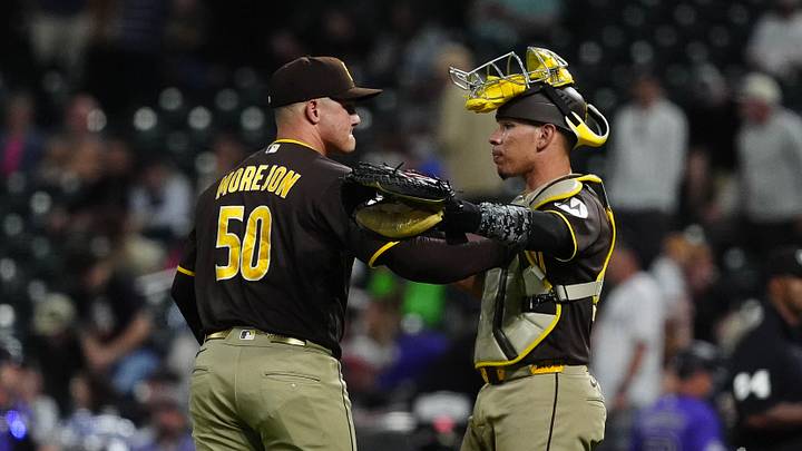 Apr 21, 2026; Denver, Colorado, USA; San Diego Padres catcher Freddy Fermin (54) and relief pitcher Adrian Morejon (50) celebrate after defeating the Colorado Rockies at Coors Field. Mandatory Credit: Ron Chenoy-Imagn Images Apr 21, 2026; Denver, Colorado, USA; San Diego Padres catcher Freddy Fermin (54) and relief pitcher Adrian Morejon (50) celebrate after defeating the Colorado Rockies at Coors Field. Mandatory Credit: Ron Chenoy-Imagn Images