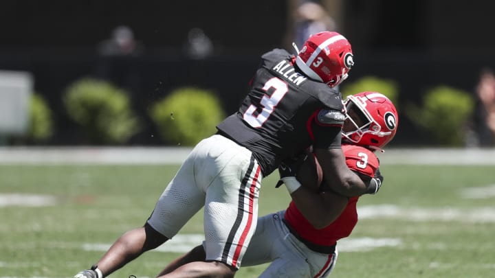 Apr 13, 2024; Athens, GA, USA; Georgia Bulldogs inside linebacker CJ Allen (3) tackles running back