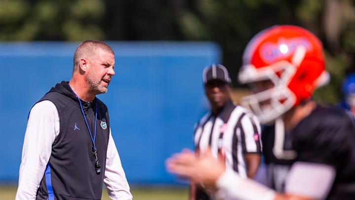 Florida Gators head coach Billy Napier coaches during Fall practice at Sanders Practice Fields in Gainesville, FL on Thursday, August 8, 2024. [Doug Engle/Gainesville Sun]