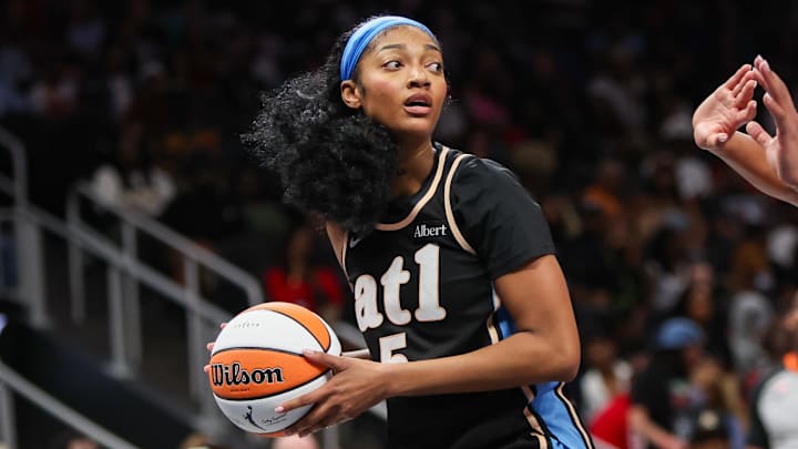May 17, 2026; Atlanta, Georgia, USA; Atlanta Dream forward Angel Reese (5) handles the ball against the Las Vegas Aces in the fourth quarter at State Farm Arena. Mandatory Credit: Brett Davis-Imagn Images
May 17, 2026; Atlanta, Georgia, USA; Atlanta Dream forward Angel Reese (5) handles the ball against the Las Vegas Aces in the fourth quarter at State Farm Arena. Mandatory Credit: Brett Davis-Imagn Images